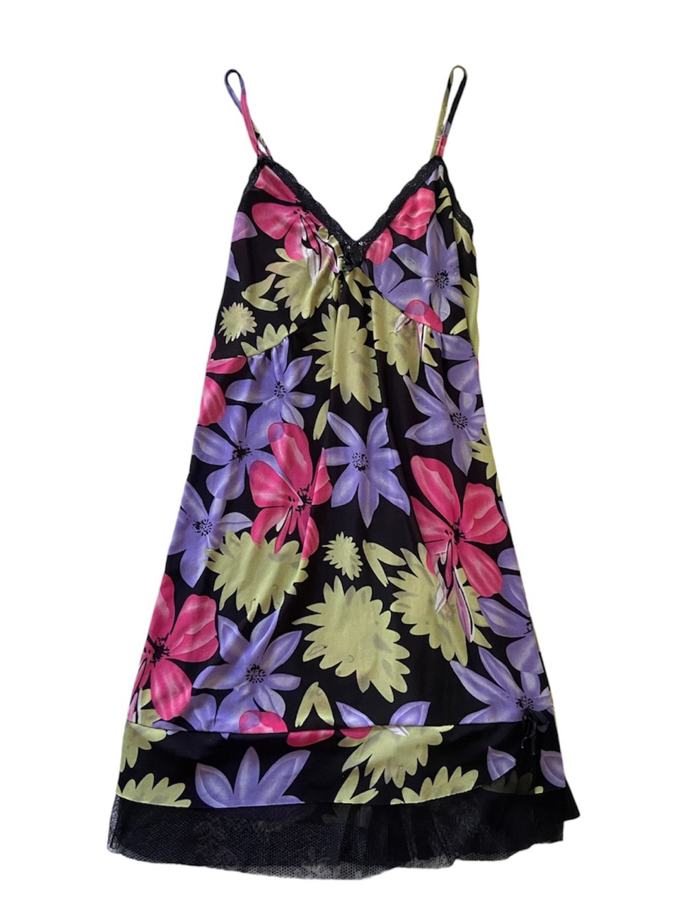 Floral Lace-Trim Slip Dress - Black with Pink, Purple & Lime